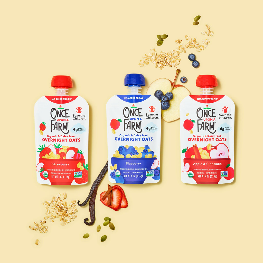Photography of Front of Pouches in Overnight Oats Variety Pack: includes Apple & Cinnamon, Strawberry, and Blueberry pouches