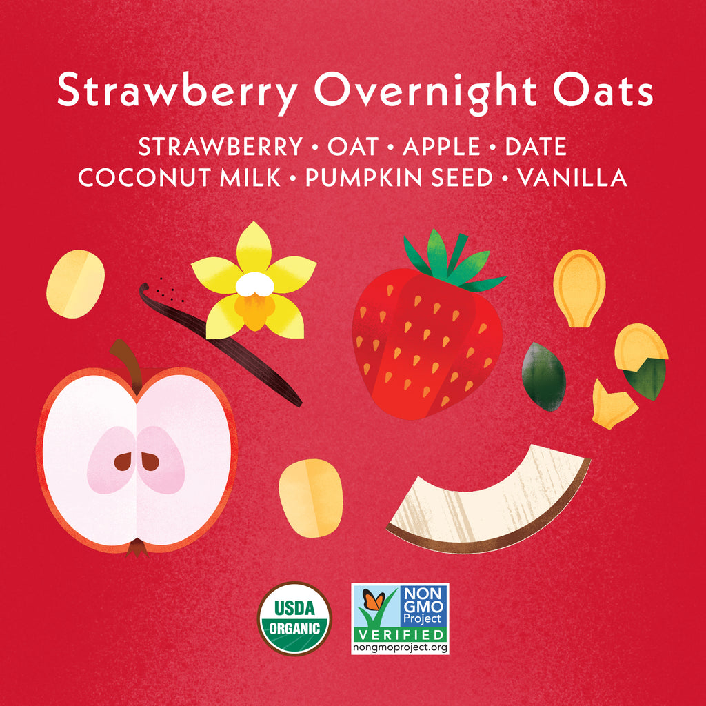 Strawberry Overnight Oats: Strawberry, Oat, Apple, Date, Coconut Milk, Pumpkin Seed, Vanilla. USDA Organic, Non GMO Project Verified, Clean Label Project Purity Award logos 